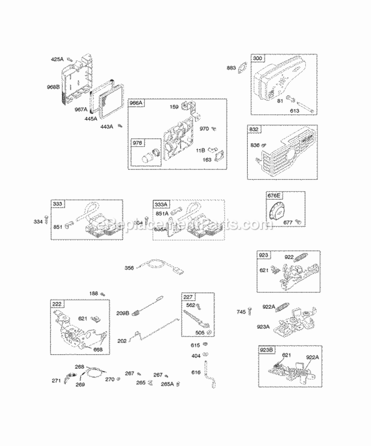 Air Cleaner Controls Electrical Exhaust System Flywheel Brake Governor Spring Ignition Diagram and Parts List for 121H02-0100-B1  Briggs and Stratton Engine
